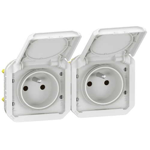 Розетка 2х2К+З горизонтальная, французский стандарт - Plexo IP55 - белый